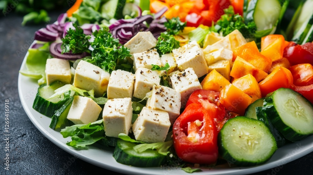 Fresh Tofu Salad with Rainbow Vegetables on White Plate Fresh Tofu Salad with Rainbow Vegetables on White Plate