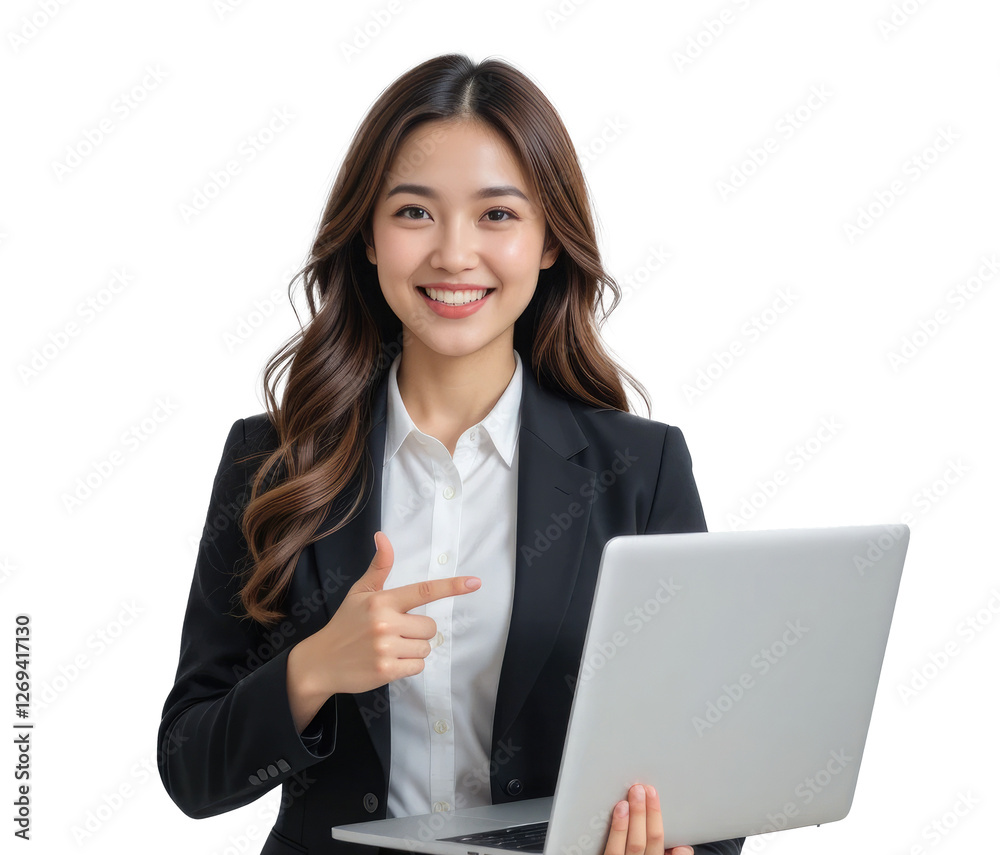 businesswoman with a laptop and pointing at copy space on transparent PNG background. businesswoman with a laptop and pointing at copy space on transparent PNG background.