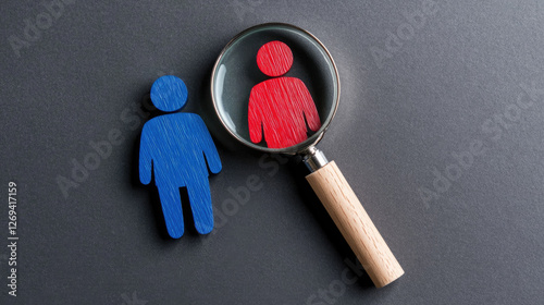 Human resources Magnifying glass focusing on red and blue wooden figures, symbolizing analysis and comparison in creative way. Search job