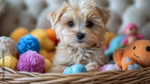 Cute puppy surrounded by colorful plush toys in a cozy basket