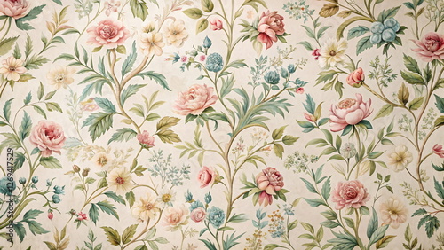 Vintage floral fabric pattern background. Wallpaper with flowers and leaves