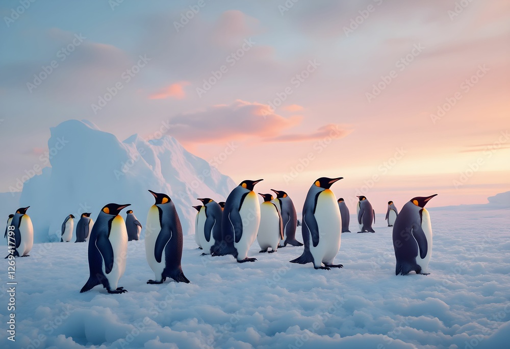 Obraz premium Antarctic Penguins at Sunset Glow