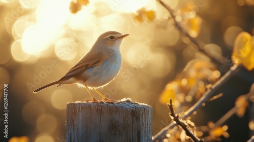 Bird perched on a wooden post surrounded by autumn colors in the golden hour ...