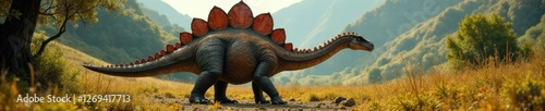 Prehistoric Stegosaurus with a long neck and plates on its back, stegosaurus, wilderness, fossil