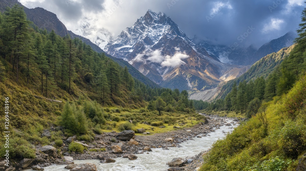 Majestic Mountain River Landscape: Serene Valley with Snow-Capped Peaks Majestic Mountain River Landscape: Serene Valley with Snow-Capped Peaks