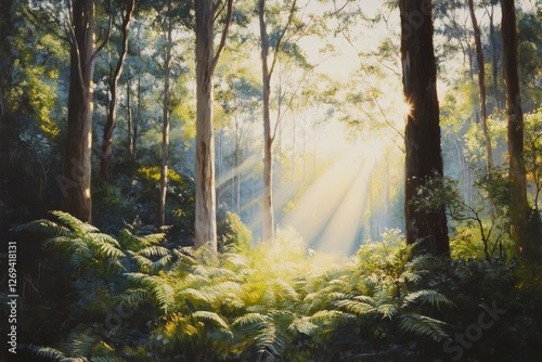 Lush green forest with vibrant foliage and sunlight filtering through trees d...