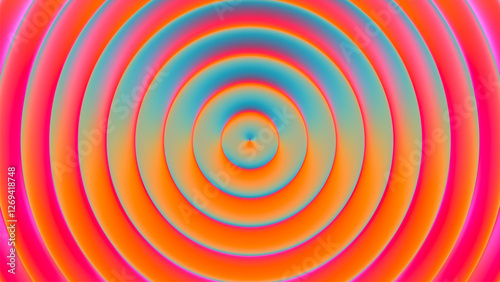 Colorful concentric rings pattern with glowing neon fusion of pink orange cyan creates a dreamy futuristic illusion. Retro-futuristic artwork for banner, poster or modern visual art project. Vector