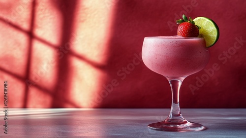 Refreshing fruit cocktail garnished with lime and strawberry against a vibran...