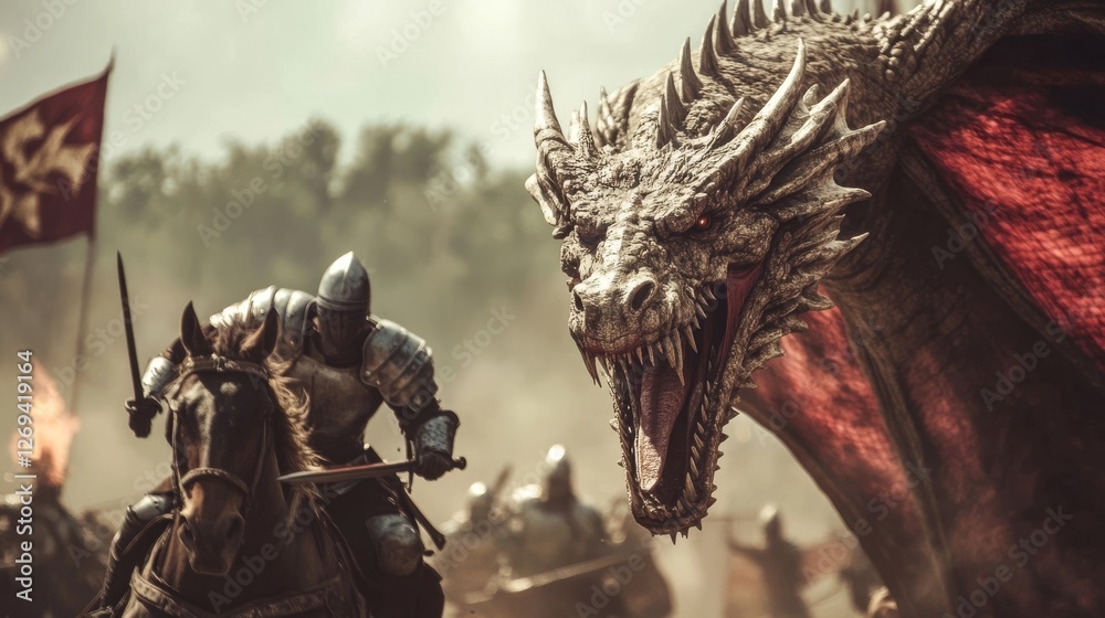 Knights engage in battle against a fierce dragon in a historical fantasy setting during the day Knights engage in battle against a fierce dragon in a historical fantasy setting during the day