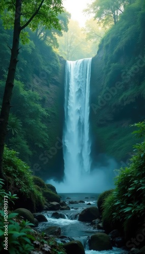 Misty morning with a cascading waterfall in the jungle, jungle, wild, trees