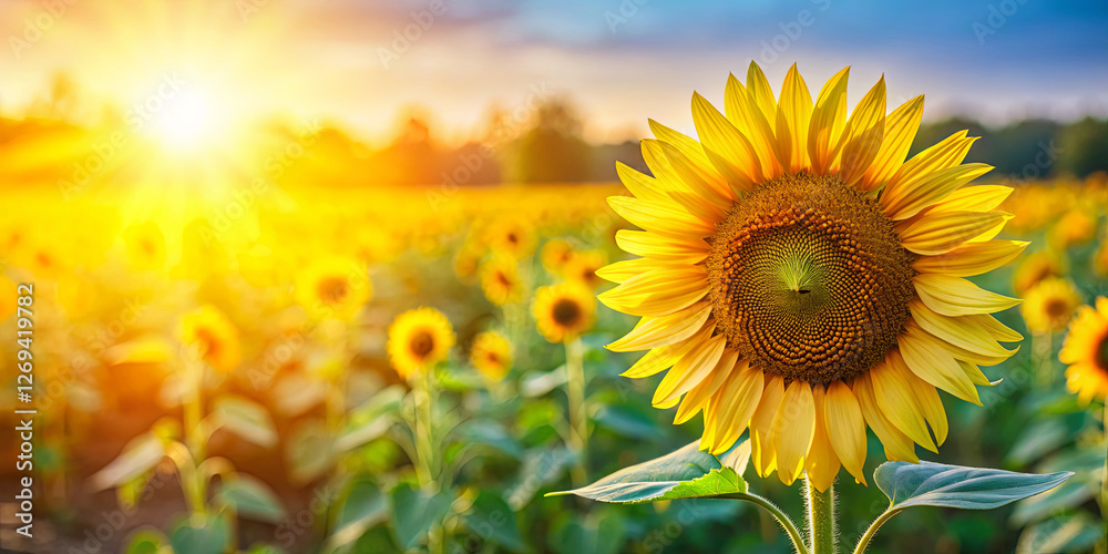 A field filled with blooming sunflowers stretches towards the horizon under a bright sunrise. The vivid yellow petals radiate warmth, capturing the tranquility of nature A field filled with blooming sunflowers stretches towards the horizon under a bright sunrise. The vivid yellow petals radiate warmth, capturing the tranquility of nature