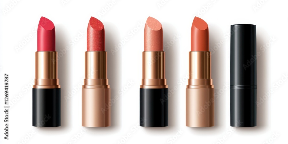 Five lipstick tubes in various shades of red, pink, and nude are arranged against a white background. The tubes feature black and gold accents Five lipstick tubes in various shades of red, pink, and nude are arranged against a white background. The tubes feature black and gold accents