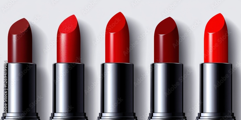 Obraz premium Five lipstick tubes in varying shades of red are arranged in a row against a white background. The tubes are sleek, metallic black, and the lipsticks