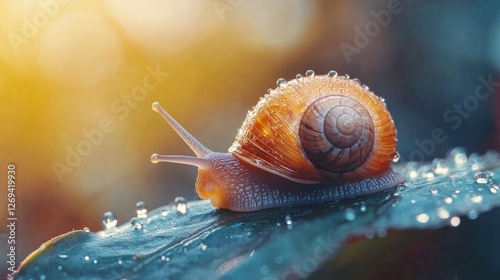 Golden snail glistens in sunlight on a leaf, surrounded by sparkling drops of...