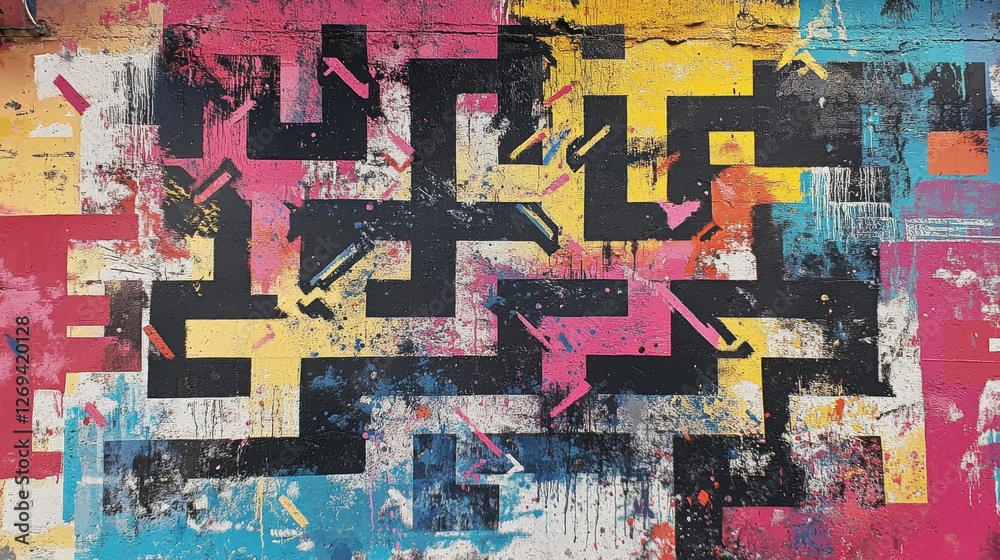 Fototapeta premium Urban Labyrinth Street Art Maze, Cityscape, Graphic Design, Vibrant Environment, Aerial View, Urban Culture