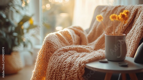 Cozy armchair draped with a blanket in a sunlit room with a houseplant