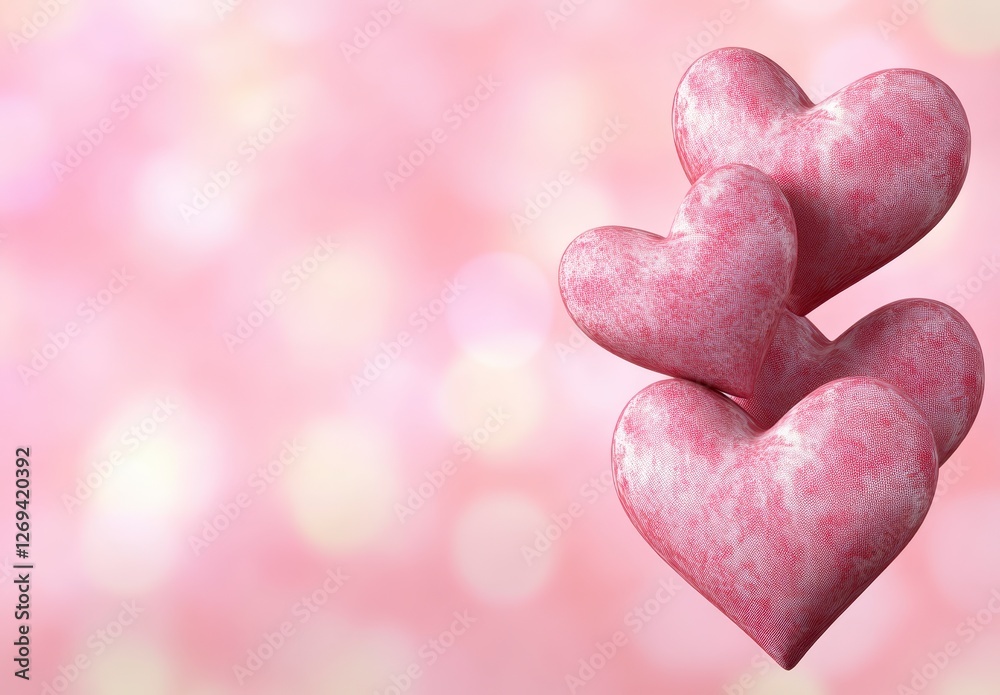 Obraz premium Two sparkling pink hearts float against a soft pink bokeh background. Romantic, Valentine's Day themed image with a soft focus effect. Ideal for