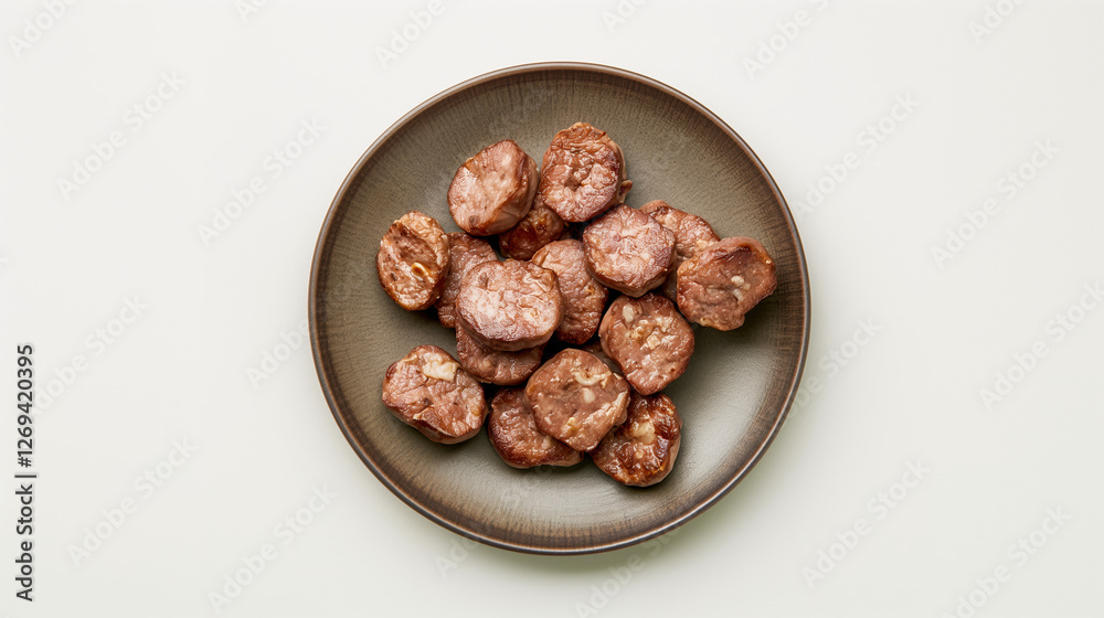Savory slices of cured sausage arranged on a dark plate ready for serving at a gathering. Savory slices of cured sausage arranged on a dark plate ready for serving at a gathering.