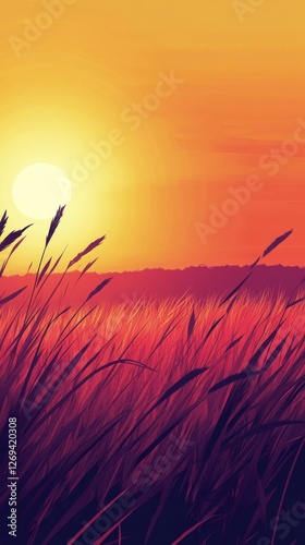 Vibrant sunset over golden fields with tall grass swaying gently in the eveni...