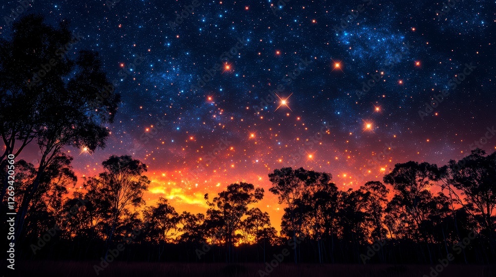custom made wallpaper toronto digitalStarry night sky over silhouetted trees at sunset; peaceful nature scene, ideal for travel brochures