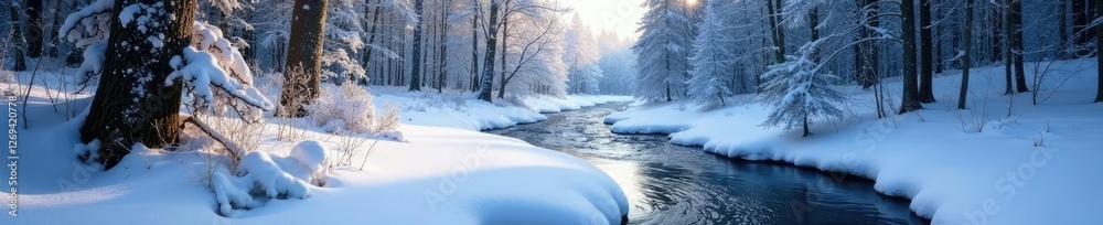 Snow-covered forest floor near a frozen river, frozen landscape, winter Snow-covered forest floor near a frozen river, frozen landscape, winter