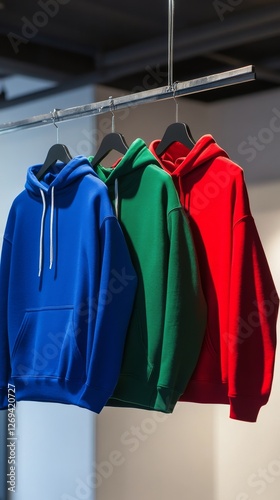 Colorful hoodies displayed on hangers in a modern retail store environment