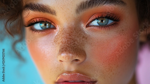 Close-up portrait of a young woman with blue eyes surrounded by soft pink flo...