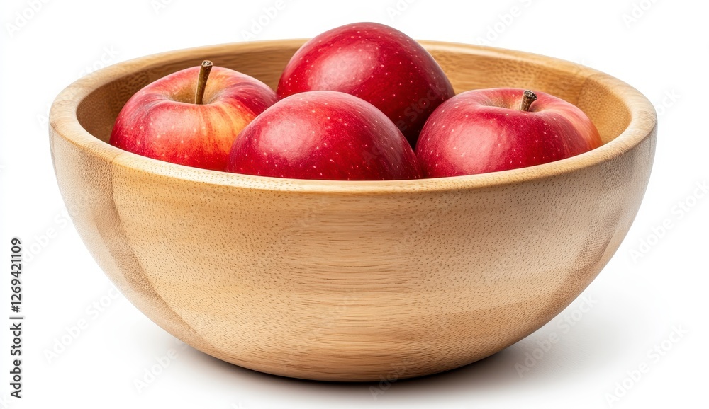 Four ripe red apples rest in a light brown wooden bowl against a plain white background. The apples are clustered together, their skins smooth and Four ripe red apples rest in a light brown wooden bowl against a plain white background. The apples are clustered together, their skins smooth and