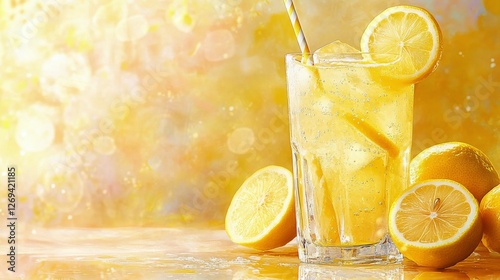 Refreshing lemonade with lemon slices against bright background on a sunny day