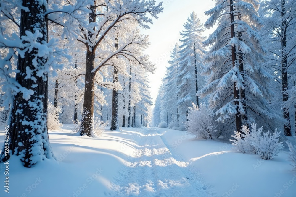 Fototapeta premium Snow covered tree branches stretching upwards, white, frosty