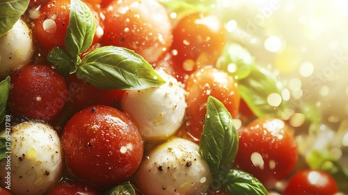 Fresh tomatoes and mozzarella balls garnished with basil create a vibrant and...