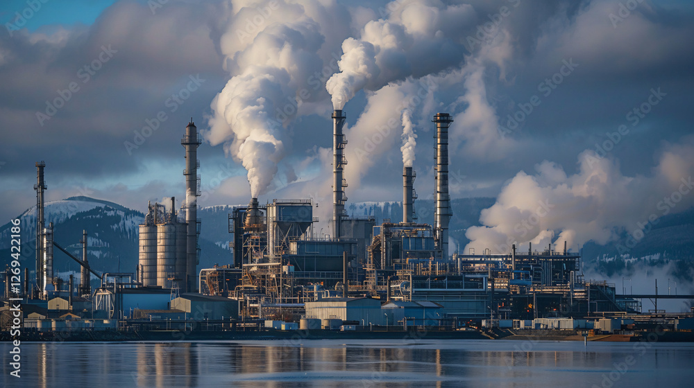 An industrial plant emitting steam, representing the production of grey hydrogen from natural gas. An industrial plant emitting steam, representing the production of grey hydrogen from natural gas.