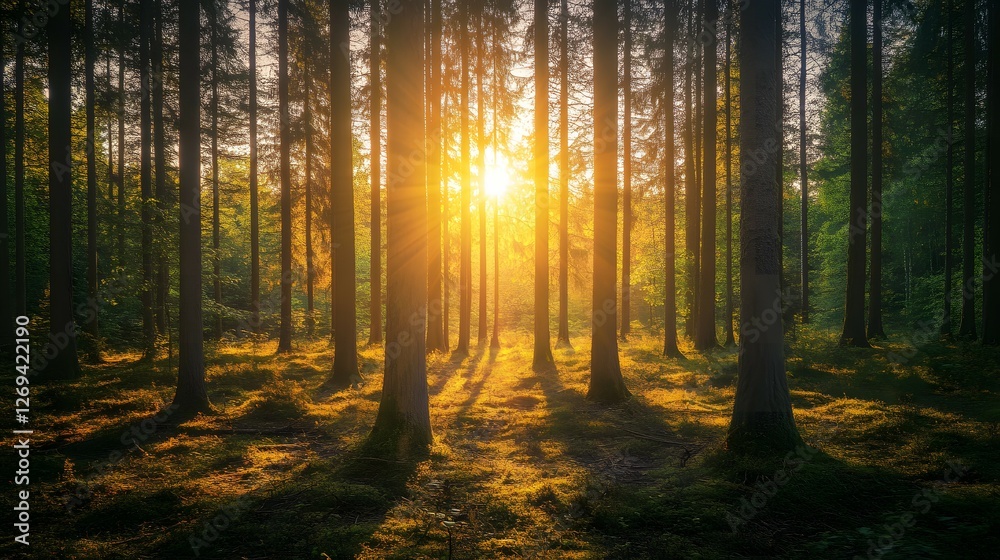 Obraz premium A panoramic view of an autumn forest with tall trees and vibrant leaves, showcasing the beauty of nature in its changing seasons