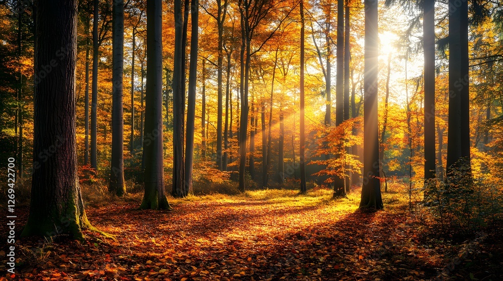 Obraz premium A panoramic view of an autumn forest with tall trees and vibrant leaves, showcasing the beauty of nature in its changing seasons