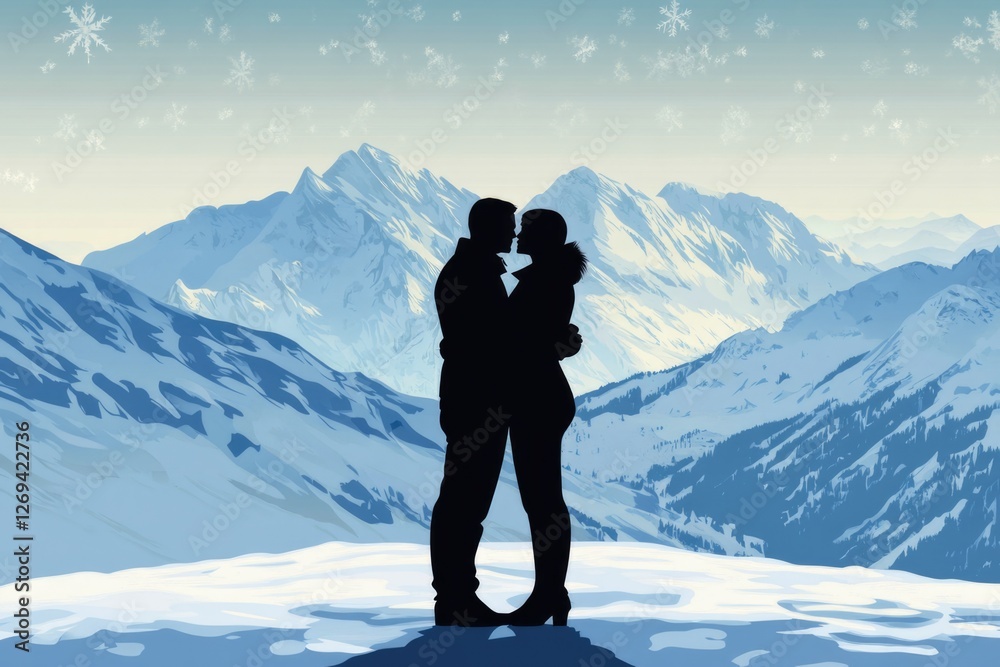 A breathtaking scene of a couple silhouetted against majestic mountains, portraying a moment of love and connection in a stunning winter landscape filled with snowy peaks. A breathtaking scene of a couple silhouetted against majestic mountains, portraying a moment of love and connection in a stunning winter landscape filled with snowy peaks.