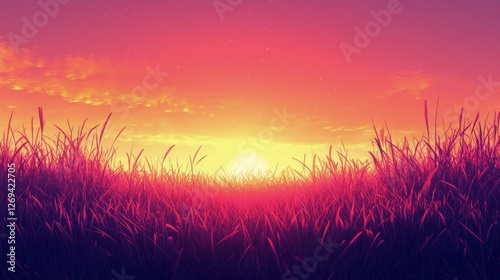 Vibrant sunset illuminating tall grass against a colorful sky at dusk