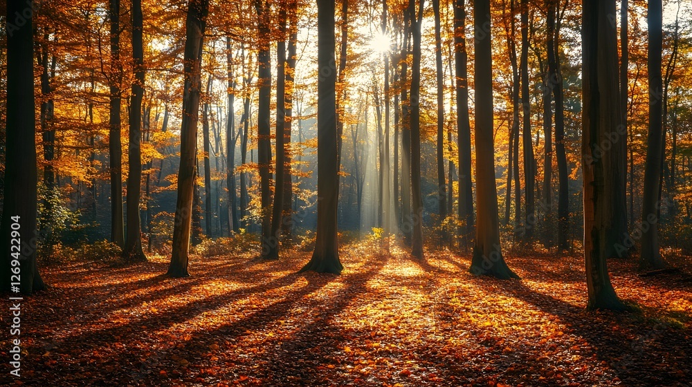 Obraz premium A panoramic view of an autumn forest with tall trees and vibrant leaves, showcasing the beauty of nature in its changing seasons