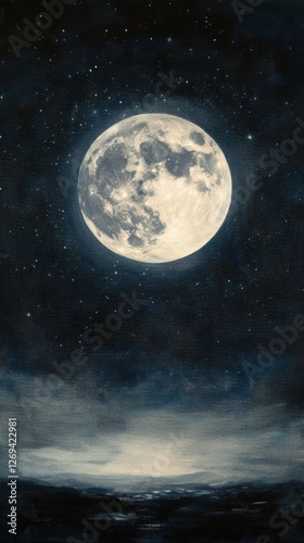 Bright full moon illuminating a tranquil landscape with stars in a night sky