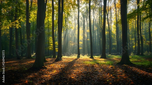 Fototapeta Naklejka Na Ścianę i Meble -  A panoramic view of an autumn forest with tall trees and vibrant leaves, showcasing the beauty of nature in its changing seasons