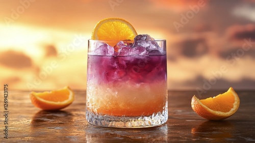 Refreshing sunset beverage with vibrant colors and citrus fruit on a warm eve...