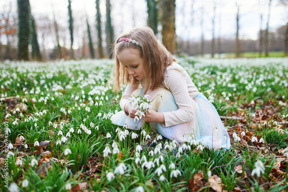 Cute preschooler girl in tutu skirt gathering snowdrop flowers in park or forest on a spring day. Little kid exploring nature. Outdoor activities for children. Cute preschooler girl in tutu skirt gathering snowdrop flowers in park or forest on a spring day. Little kid exploring nature. Outdoor activities for children.