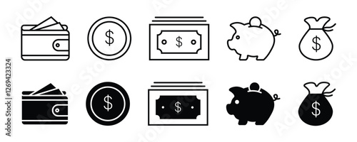 Finance line icon set. Money, Wallet, piggy bank, coin, money bag or box, savings icons symbol on white background. Vector illustration