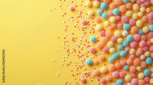 Colorful candy assortment scattered on bright yellow background for playful d...