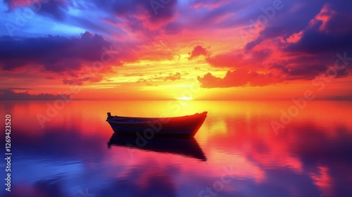 Beautiful sunset over fishing boat on calm ocean waters with dramatic sky