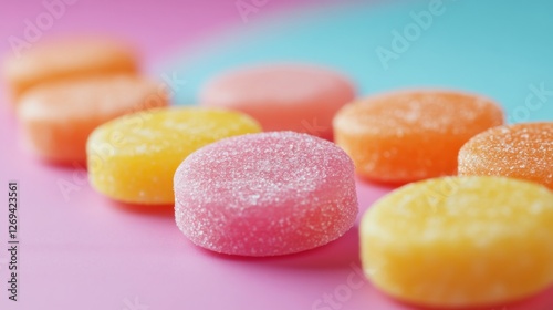 Colorful gummy candies arranged in vibrant rows on a bright background