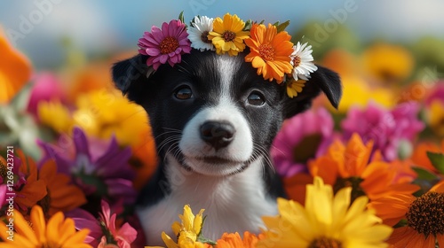 Cute puppy with flower crown surrounded by colorful blooms in a bright garden