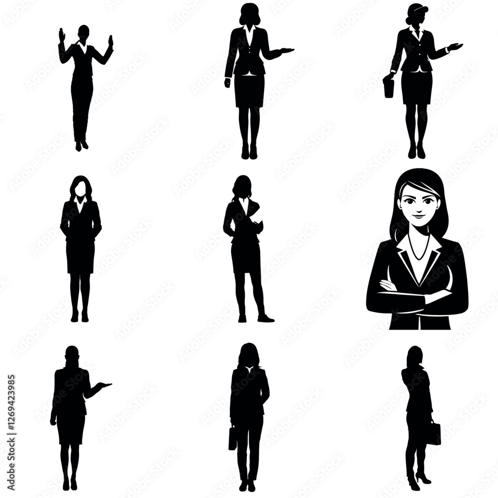 Naklejka premium a set of business woman standing pose vector silhouette, isolated white background