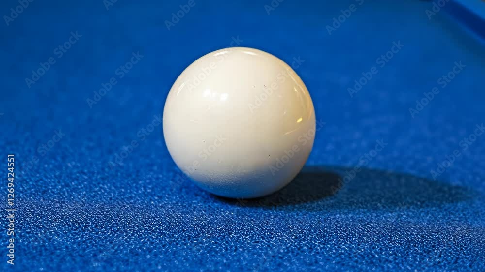 Focus on a white billiard ball placed on a blue felt surface ready for play in a game of pool