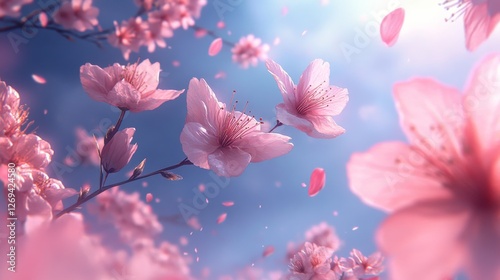Cherry blossoms bloom against a bright blue sky during springtime in a serene...