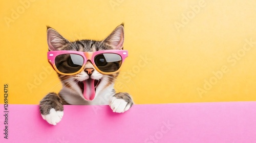 Silly Oversized Sunglasses on Cat with Wide Eyes and Tongue Out in Amusing Exaggerated Funny Pose